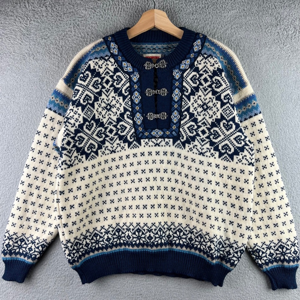 Norwear Pure New Wool Nordic Sweater Blue Cream Metal Clasp Iceland Small